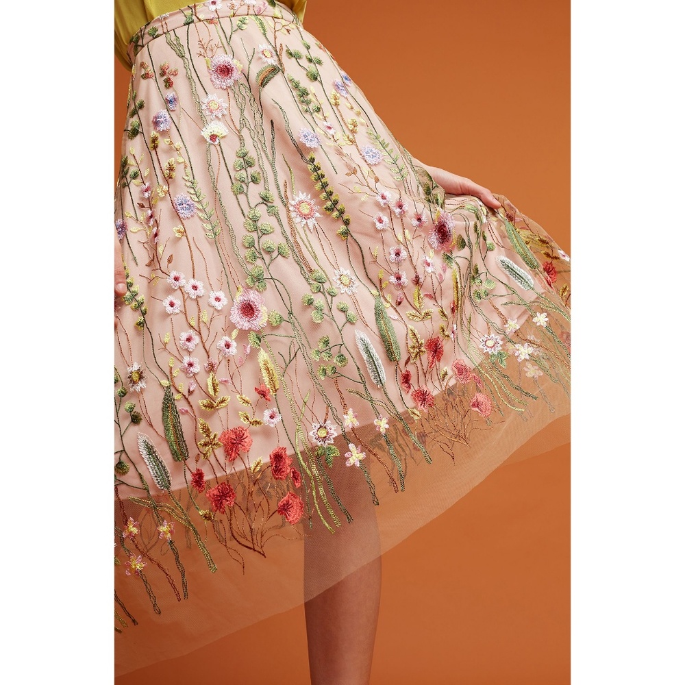 Anthropologie Embroidered Mesh Blush Floral Midi Skirt by Eva Franco - Picture 2 of 6